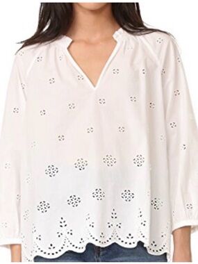 Madewell Eyelet Popover Top, V-neck, Ruffle Neckline, Scalloped Hem, Size Large